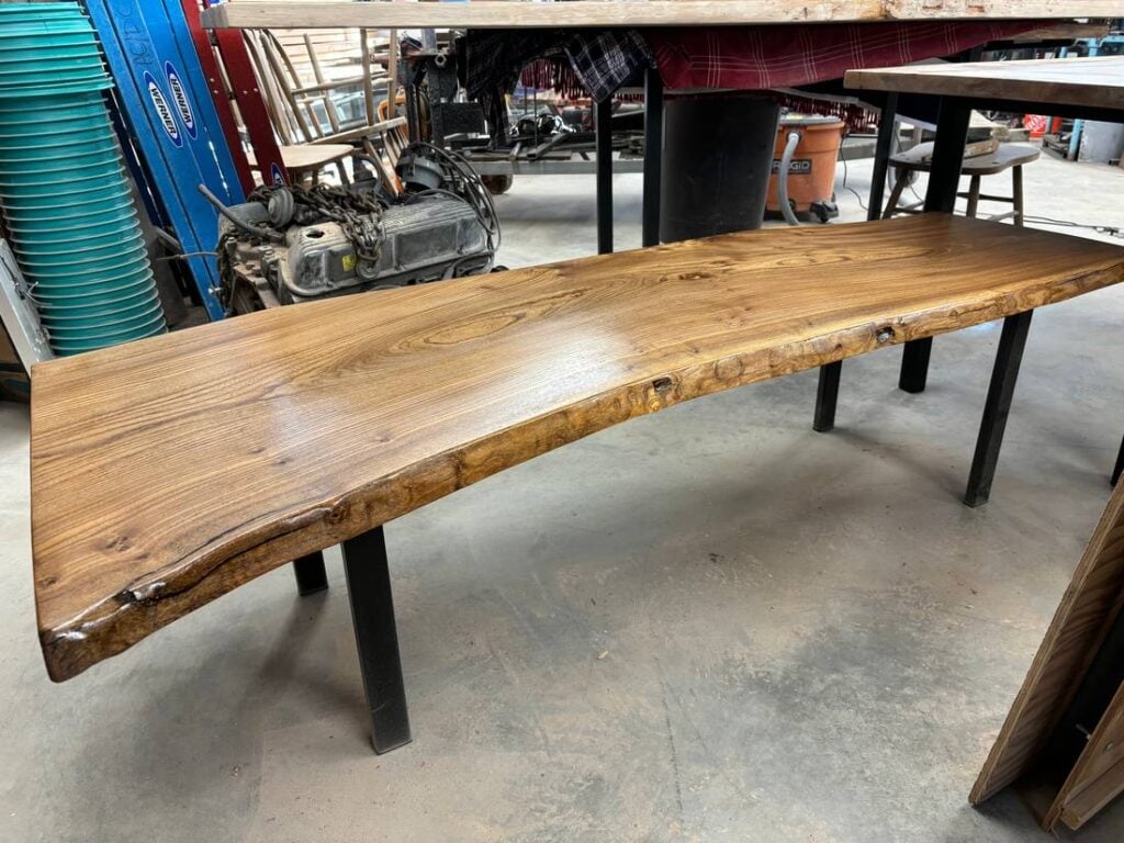 Live edge ash bench with steel legs handcrafted in Washington